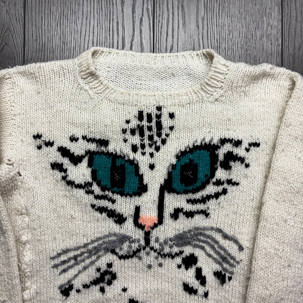 Vintage Cat 1990s Hand Knit Sweater Small White Cute Animal Nature Crochet Baggy - Picture 2 of 8